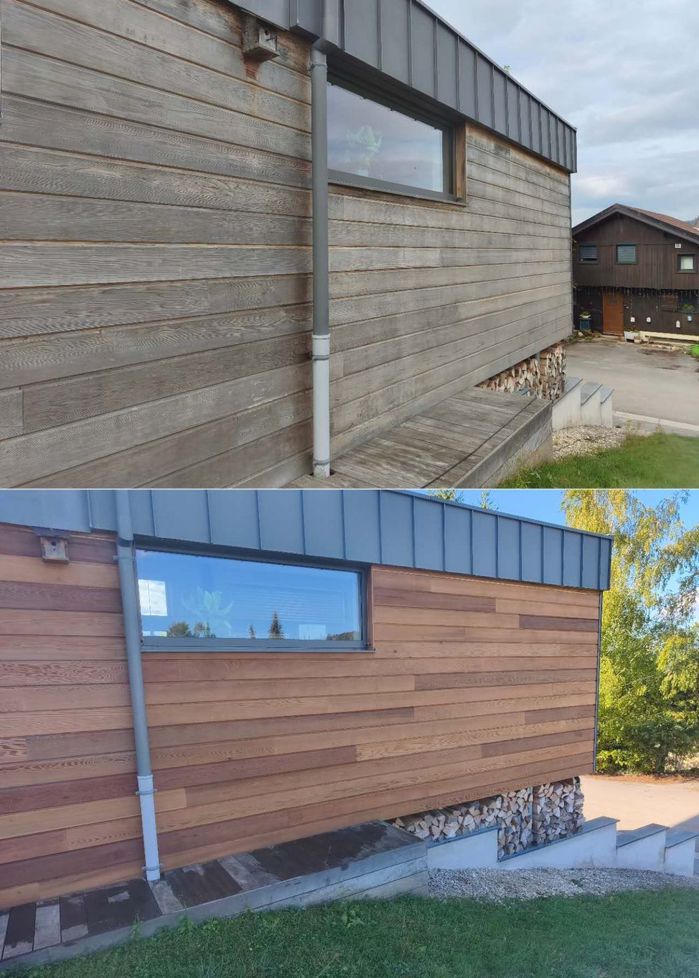 Avant/apr&egrave;s r&eacute;novation d'un bardage bois ext&eacute;rieur par Bleu Peinture, artisan &agrave; M&eacute;tabief